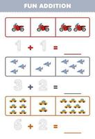 formazione scolastica gioco per bambini divertimento aggiunta di conteggio e tracciato il numero di carino cartone animato motocicletta Jet combattente Taxi stampabile mezzi di trasporto foglio di lavoro vettore