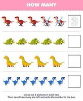 formazione scolastica gioco per bambini contare Come molti carino cartone animato tirannosauro triceratopo isisauro oviraptor e Scrivi il numero nel il scatola stampabile preistorico dinosauro foglio di lavoro vettore