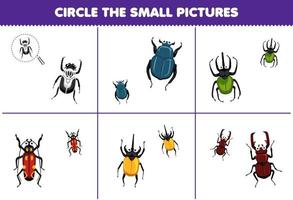formazione scolastica gioco per bambini scegliere il piccolo immagine di carino cartone animato scarafaggio stampabile insetto foglio di lavoro vettore