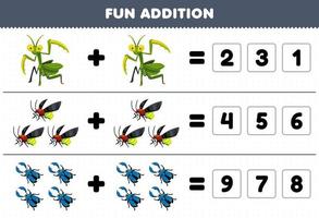 formazione scolastica gioco per bambini divertimento aggiunta di indovina il corretta numero di carino cartone animato mantide lucciola scarafaggio stampabile insetto foglio di lavoro vettore