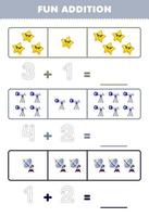 formazione scolastica gioco per bambini divertimento aggiunta di conteggio e tracciato il numero di carino cartone animato stella telescopio radar stampabile solare sistema foglio di lavoro vettore