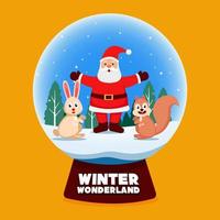 neve globo inverno Paese delle meraviglie con Santa e coniglio scoiattolo vettore