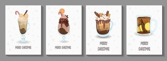 Natale carta impostato con carino inverno tazze. disegnato tazze con cacao e caldo cioccolato, decorato con cannella bastoni, crema e Natale caramello. accogliente inverno illustrazione nel Vintage ▾ stile. hygge stile. vettore