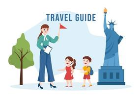 viaggio guida e giro con mostrando interessante posti per bambini o turista per pianificazione vacanza nel piatto cartone animato mano disegnato modelli illustrazione vettore