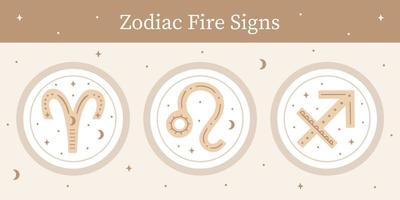 impostato di mano disegnato ornato zodiaco fuoco segni. Ariete, Leo e Sagittario vettore simboli. astrologico zodiaco adesivi