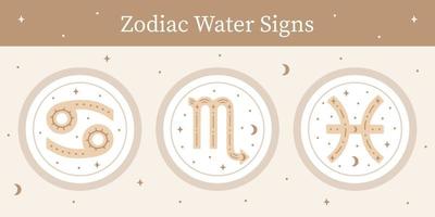 impostato di mano disegnato ornato zodiaco acqua segni. Pesci, scorpione, cancro vettore simboli. astrologico zodiaco adesivi