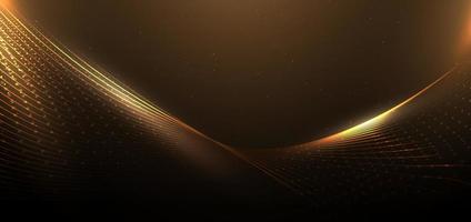 astratto lusso curva d'oro Linee illuminazione effetto e polvere particelle su Marrone sfondo. modello premio premio design. vettore