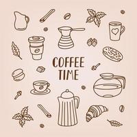 impostato di caffè scarabocchio con scritta. mano disegnato vettore illustrazione di tazza di caffè, brioche, ciambella, maccheroni e altro piatti per caffè rompere. bene per menù e bar design.