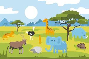 cartone animato selvaggio animali nel il savana. cartone animato panorama con acacia alberi, montagne nel il sfondo. africano animali