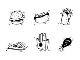 phand disegnato veloce cibo icone. schizzo di merenda elementi - hamburger, francese patatine fritte scatola, Pizza, donatore, pollo gamba. veloce cibo illustrazione nel scarabocchio stile. veloce cibo collezione. vettore