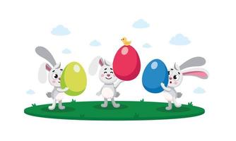 contento Pasqua, uovo caccia piatto capretto vettore illustrazione, composizione, striscione, carta, manifesto con dipinto, decorativo uova, Pasqua conigli, coniglietti, lepri, di stagione saluto