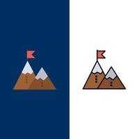 successo realizzazione bandiera obbiettivo missione montagna picco icone piatto e linea pieno icona impostato vettore blu sfondo