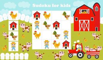 colorato sudoku gioco per bambini con trattore con azienda agricola animali, fienile nel cartone animato stile, stampabile foglio di lavoro vettore