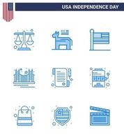 Stati Uniti d'America contento indipendenza pictogram impostato di 9 semplice blues di Stati Uniti d'America punto di riferimento bandiera d'oro ponte modificabile Stati Uniti d'America giorno vettore design elementi