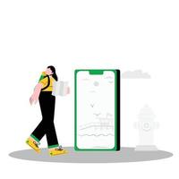 donna utilizzando mobile App per trova viaggio Posizione vettore