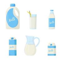 impostato di latte nel diverso pacchi bicchiere, cartone, bottiglia. elementi per design azienda agricola prodotti, salutare cibo. piatto vettore illustrazione.