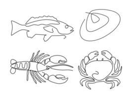 impostato di mare cibo e mare vita linea arte , continuo linea. per logo design. tonno, cozza, aragosta, Granchio vettore