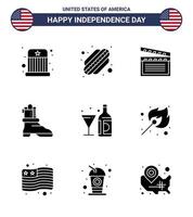 9 creativo Stati Uniti d'America icone moderno indipendenza segni e 4 ° luglio simboli di bottiglia vino film bevanda stivale modificabile Stati Uniti d'America giorno vettore design elementi