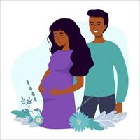 afro americano contento incinta donna detiene sua gonfiarsi. gravidanza concetto. vettore illustrazione. con papà