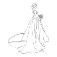 il sposa Tenere il mazzo disegna un' continuo linea.la silhouette di il sposa nel uno linea, lato Visualizza, vestito nel un' nozze vestire. vettore