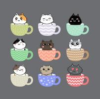 carino gatto su tazza di tè cartone animato personaggio impostato vettore