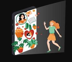un' donna corre in il schermo di un' smartphone, sua preferito sociale Rete, piace. vettore illustrazione