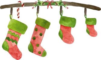 Natale famiglia Stampa concetto con acquerello calza per quattro. rosso e verde camino calzini natale collezione. decorazione famiglia carta su bianca sfondo. vettore