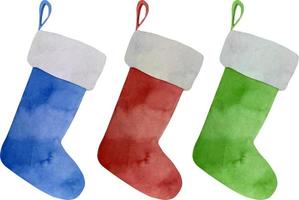 impostato di acquerello tradizionale Natale a strisce calze autoreggenti con regalo scatola. pelliccia tagliare e classico rosso, verde e bianca colore incontro calzini. vettore