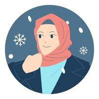 un' donna nel un' hijab sembra a il neve. inverno avatar personaggio ritratto. colorato cartone animato vettore illustrazione. moderno moda caldo vestiario. nevicata. neve icona.