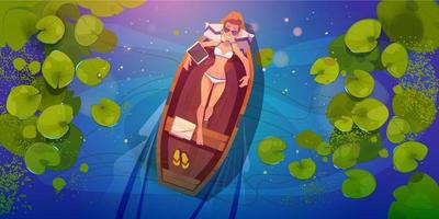 donna nel bikini rilassa nel barca galleggiante nel fiume vettore
