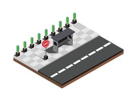 isometrico trasporto composizione con autobus vicino fermare su blu sfondo 3d vettore illustrazione. adatto per diagrammi, infografica, e altro grafico risorse