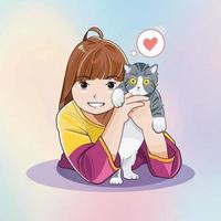 un' poco sorridente ragazza abbracciare bello gattino vettore illustrazione professionista Scarica