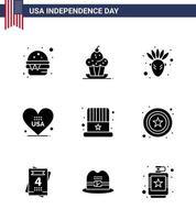 solido glifo imballare di 9 Stati Uniti d'America indipendenza giorno simboli di berretto Stati Uniti d'America ringraziamento americano cuore modificabile Stati Uniti d'America giorno vettore design elementi