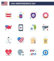 Stati Uniti d'America indipendenza giorno piatto impostato di 16 Stati Uniti d'America pittogrammi di mobile ringraziamento stella carta geografica nutrizione modificabile Stati Uniti d'America giorno vettore design elementi