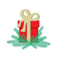 un' rosso regalo scatola sta nel il rami di un' Natale albero. Natale vacanza. vettore illustrazione.
