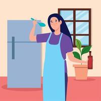 donna cucinando e frigo vettore