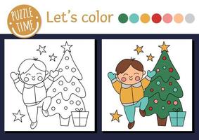 Natale colorazione pagina per bambini. carino divertente ragazzo, decorato abete albero, regalo. vettore inverno vacanza schema illustrazione. nuovo anno festa colore libro per bambini con colorato esempio