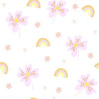 senza soluzione di continuità modello con arcobaleno e astratto fiore, infantile Stampa per carta da parati, copertina design, bambini tessuto, asilo nido interno e compleanno decorazione, colorato bambino doccia illustrazione. vettore