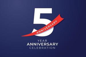 5 ° anniversario celebrazione con bianca numero e rosso nastro illustrazione vettore
