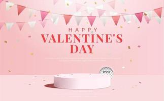 rosa podio con bandiera e coriandoli su rosa sfondo, San Valentino giorno concetto per Prodotto Schermo, vettore illustrazione