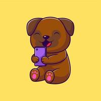 carino carlino cane giocando smartphone cartone animato vettore icone illustrazione. piatto cartone animato concetto. adatto per qualunque creativo progetto.