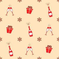 Natale senza soluzione di continuità modello. rosso colorato hampagne bottiglie, bicchieri con Champagne, regalo scatole e i fiocchi di neve su color crema sfondo. Natale struttura vettore