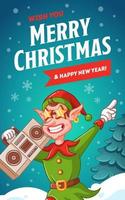 Natale saluto carta. danza freddo Natale elfo con Audio registratore. cartone animato vettore illustrazione. inverno sfondo con Natale albero e i fiocchi di neve