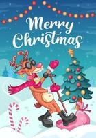 Natale saluto carta. cantando freddo renna con microfono e nero occhiali. cartone animato vettore illustrazione. inverno sfondo con Natale albero.