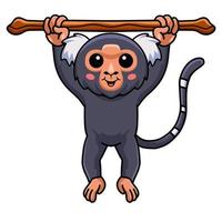 carino pigmeo bertuccia scimmia cartone animato sospeso su albero vettore