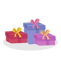 vettore illustrazione tre regalo scatole di rosso, scarlatto e viola colori legato con oro e rosa nastri