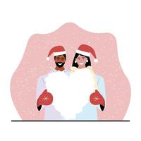 santo san valentino giorno saluto carta vettore design. un' coppia nel Santa Claus cappelli detiene cuore di neve nel loro mani sotto nevicata. vettore illustrazione