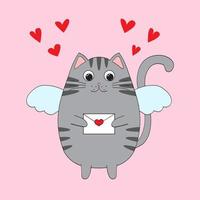 carino cartone animato personaggio gatto con Ali Tenere un Busta nel suo zampe. San Valentino giorno carta o etichetta design. vettore illustrazione