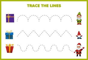 formazione scolastica gioco per bambini grafia pratica tracciare il Linee con carino cartone animato regalo scatola mossa per gnomo e Santa stampabile inverno foglio di lavoro vettore