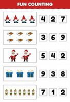 formazione scolastica gioco per bambini divertimento conteggio e la scelta il corretta numero di carino cartone animato gnomo slitta Santa regalo scatola stampabile inverno foglio di lavoro vettore